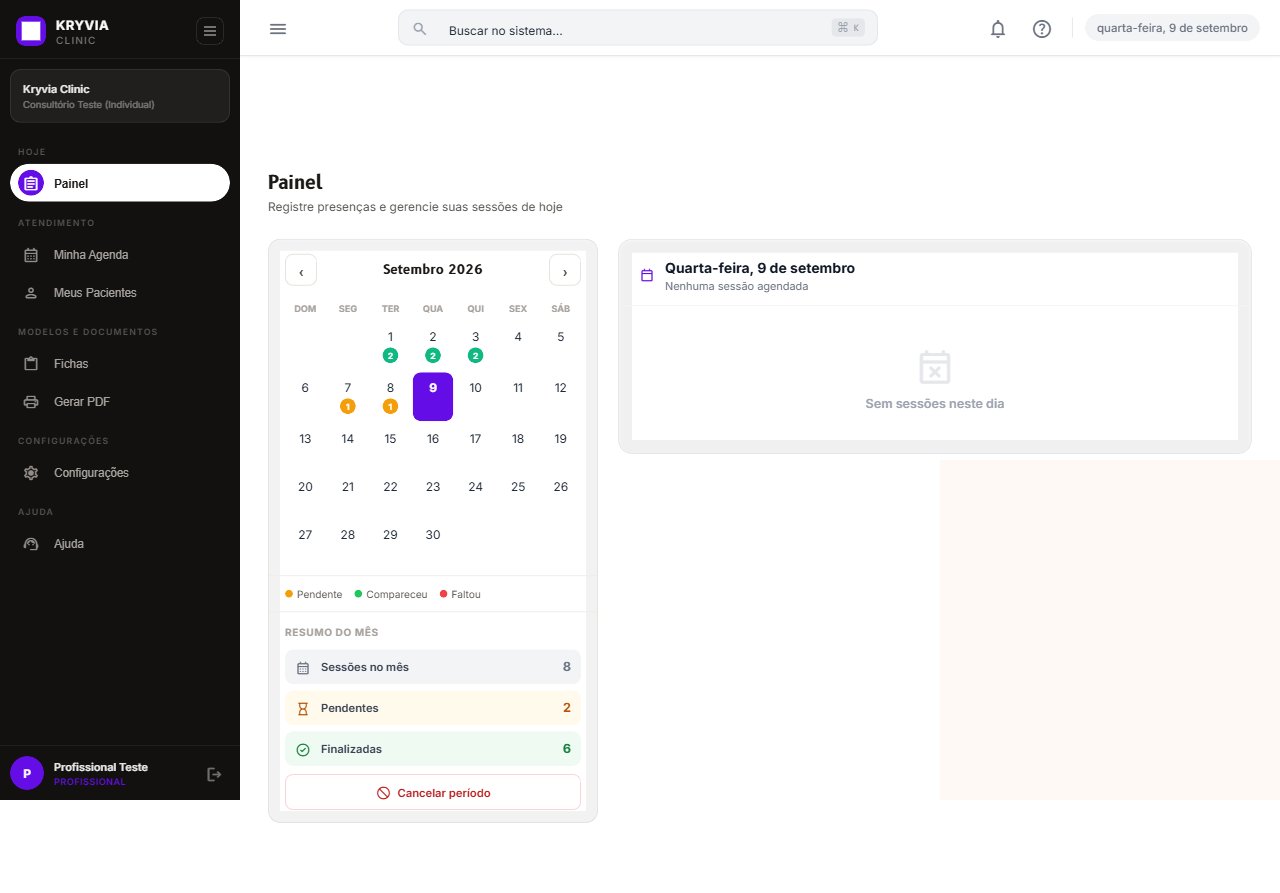 Painel real do Kryvia Clinic em ambiente demonstrativo, com calendário e resumo de sessões